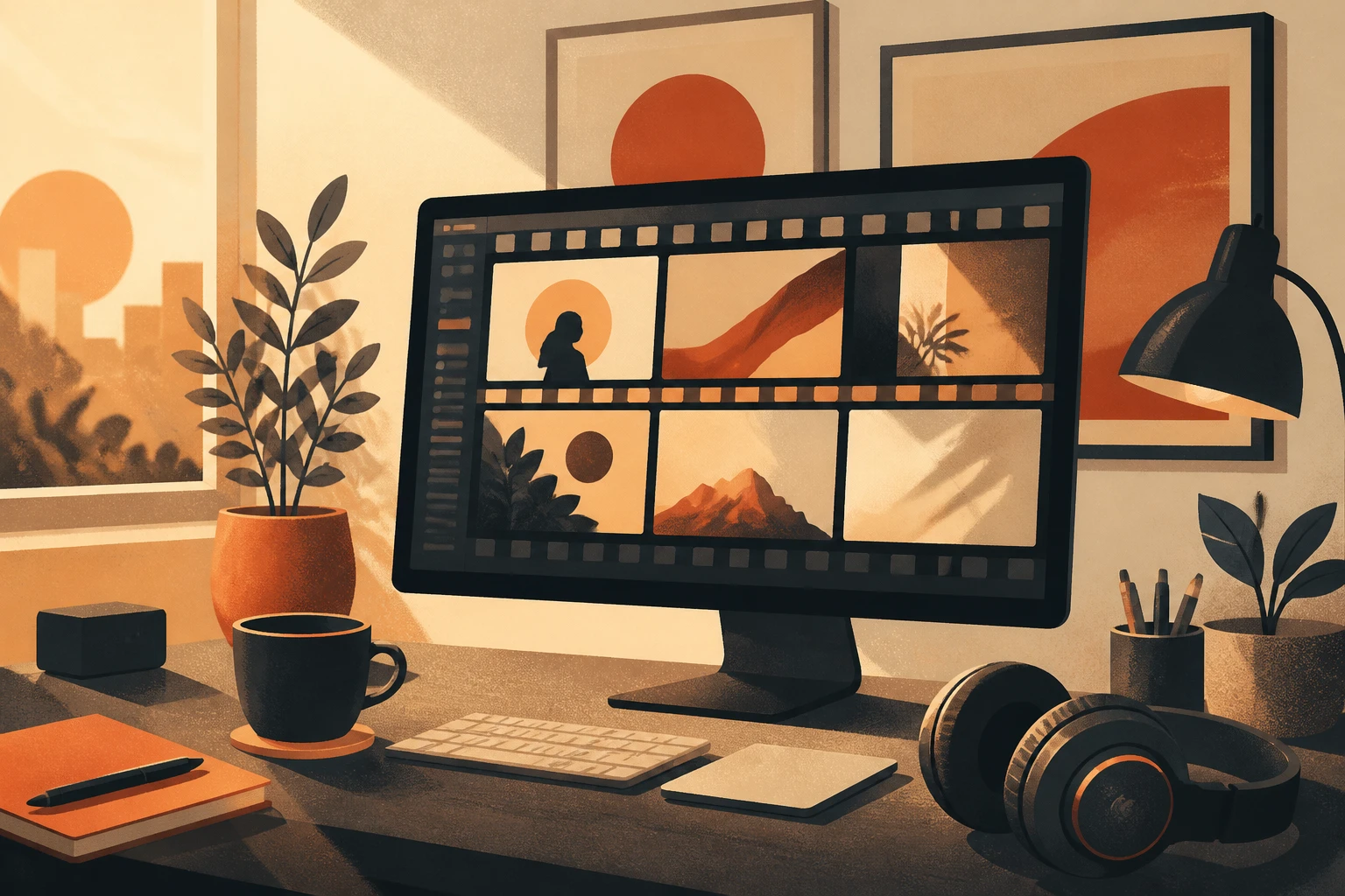 calm modern AI-video studio workspace at golden hour