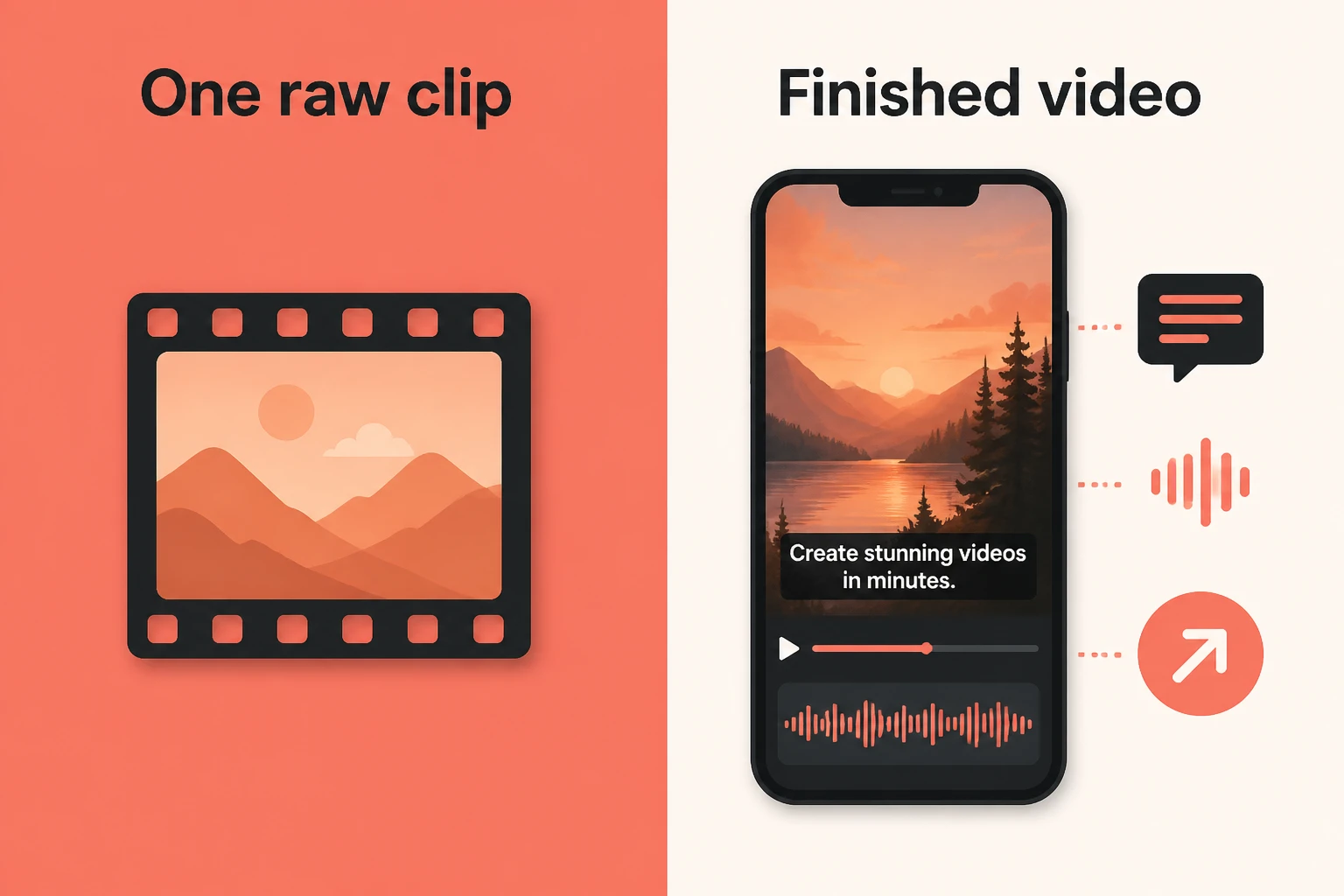 Split-frame: one raw clip versus a finished, captioned video