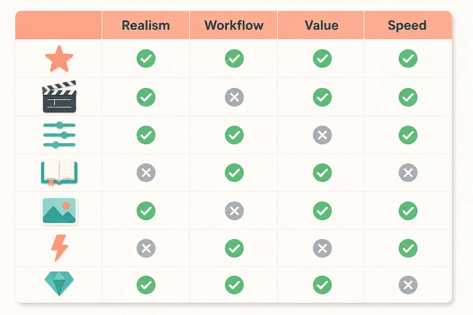 Feature comparison grid of seven AI video tools across realism, workflow, value, and speed