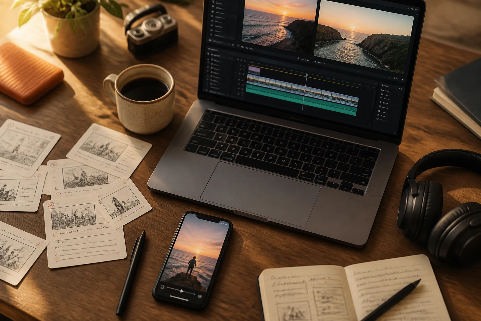 Desk with laptop timeline and phone comparing AI video model outputs