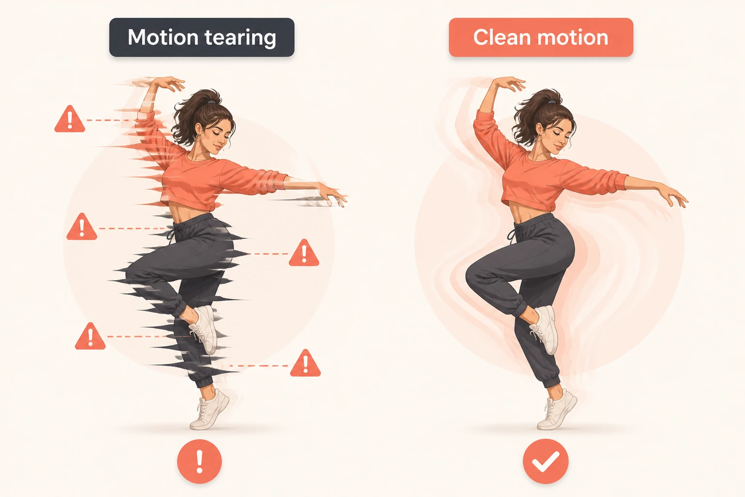 Motion tearing artifacts versus clean corrected motion on an animated figure