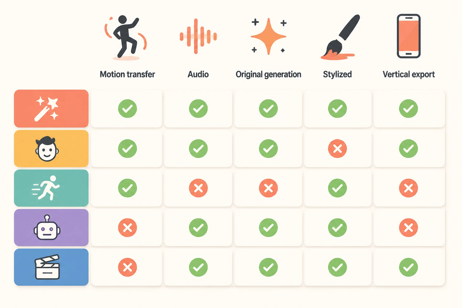 AI capability matrix comparing motion transfer, audio, original generation, styling, and export across tools