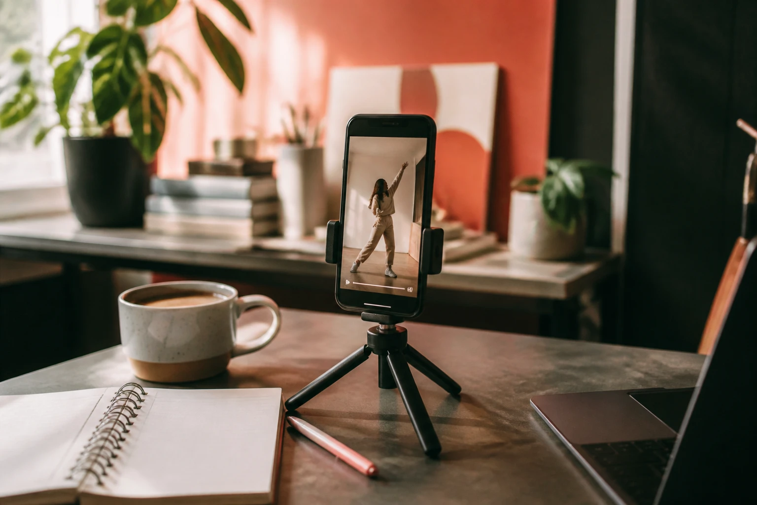 Creator desk with a phone on a tripod playing a vertical dance video