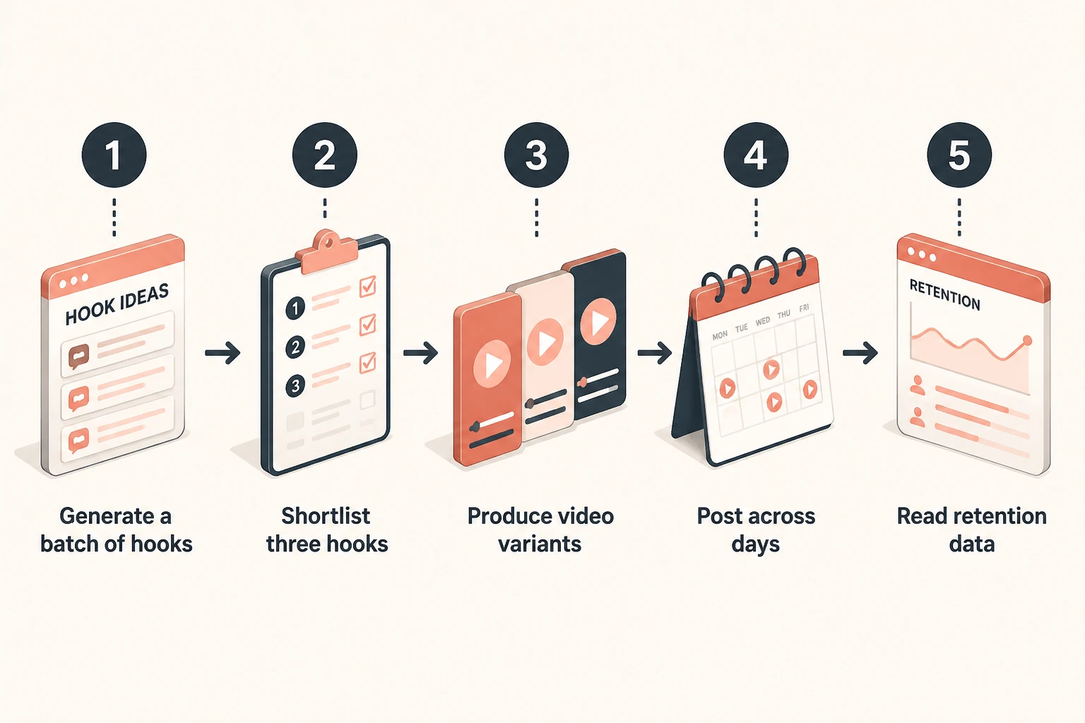 Five-step workflow for using a hook generator: generate, shortlist, produce variants, post, read retention data