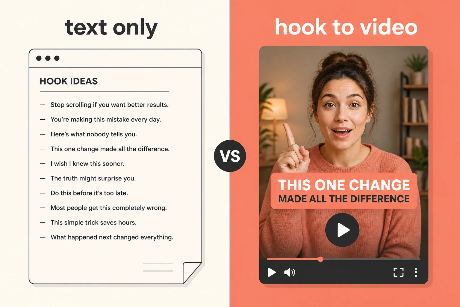 Split-frame comparison: a dedicated text hook generator on one side, an end-to-end hook-to-video workflow on the other