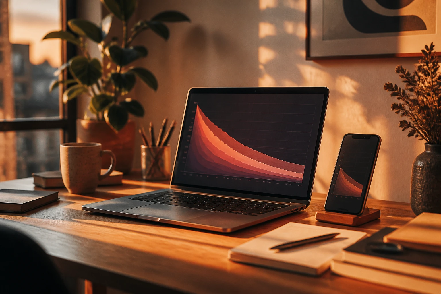 Creator reviewing short-form retention analytics on a desktop in a warm-lit workspace