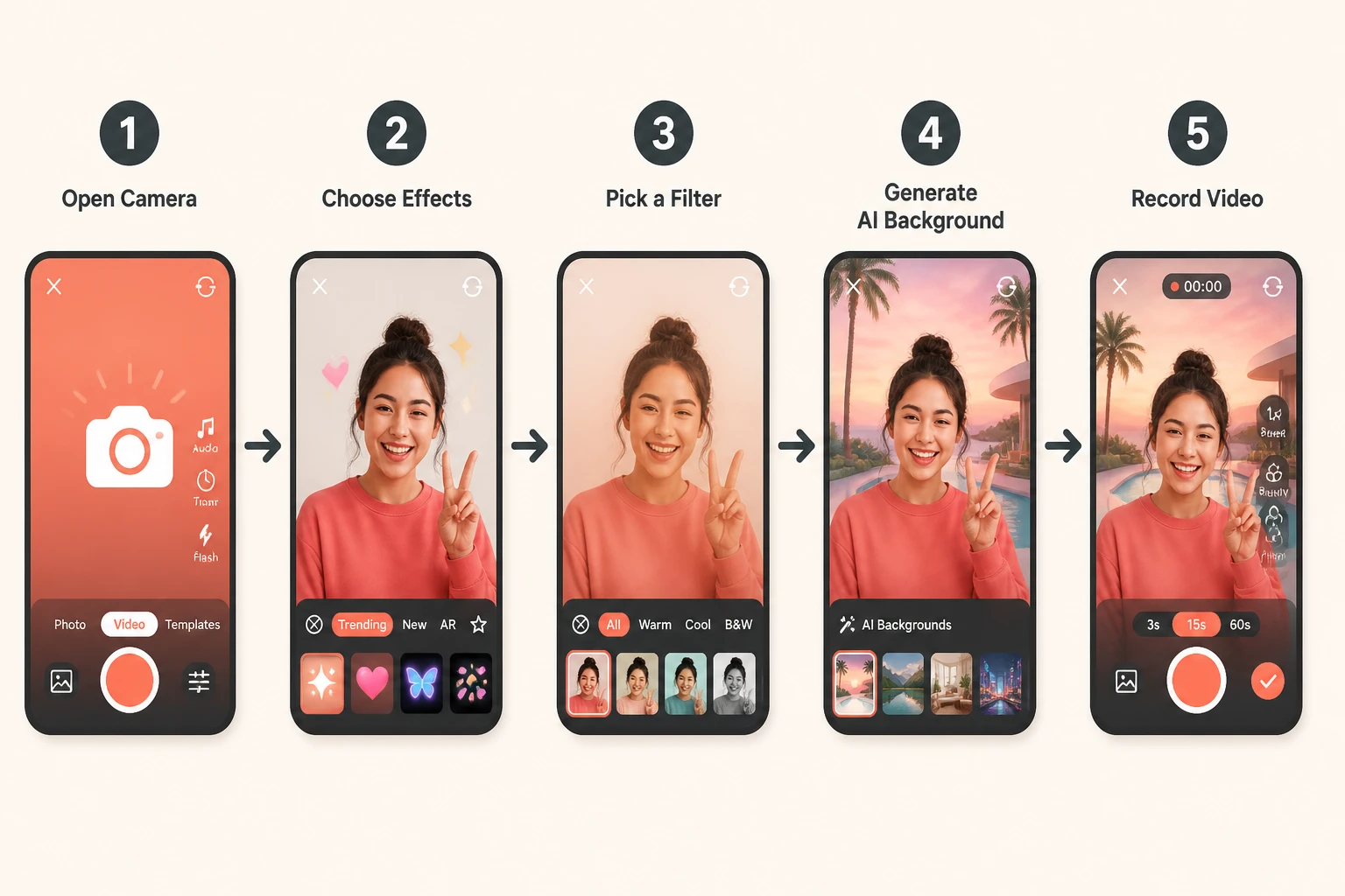 Workflow diagram of the YouTube Shorts camera AI tools: effects, filters, stickers, Dream Screen, record