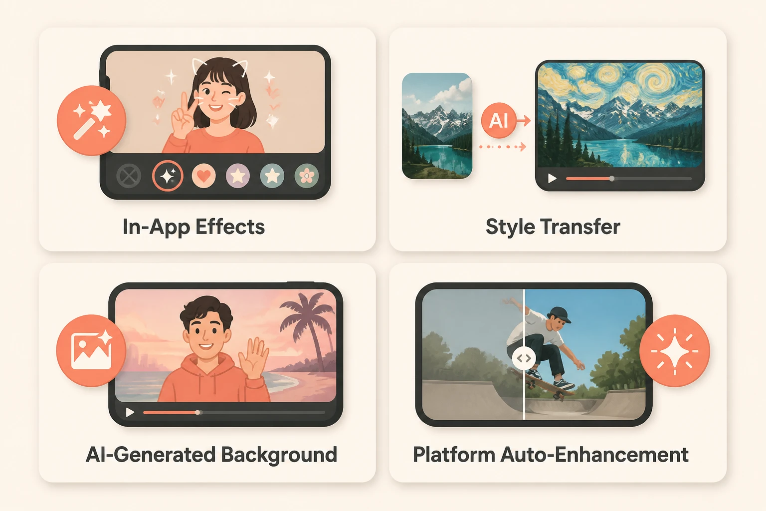 Infographic of the four meanings of a YouTube Shorts AI filter: in-app effects, style transfer, AI background, auto-enhancement