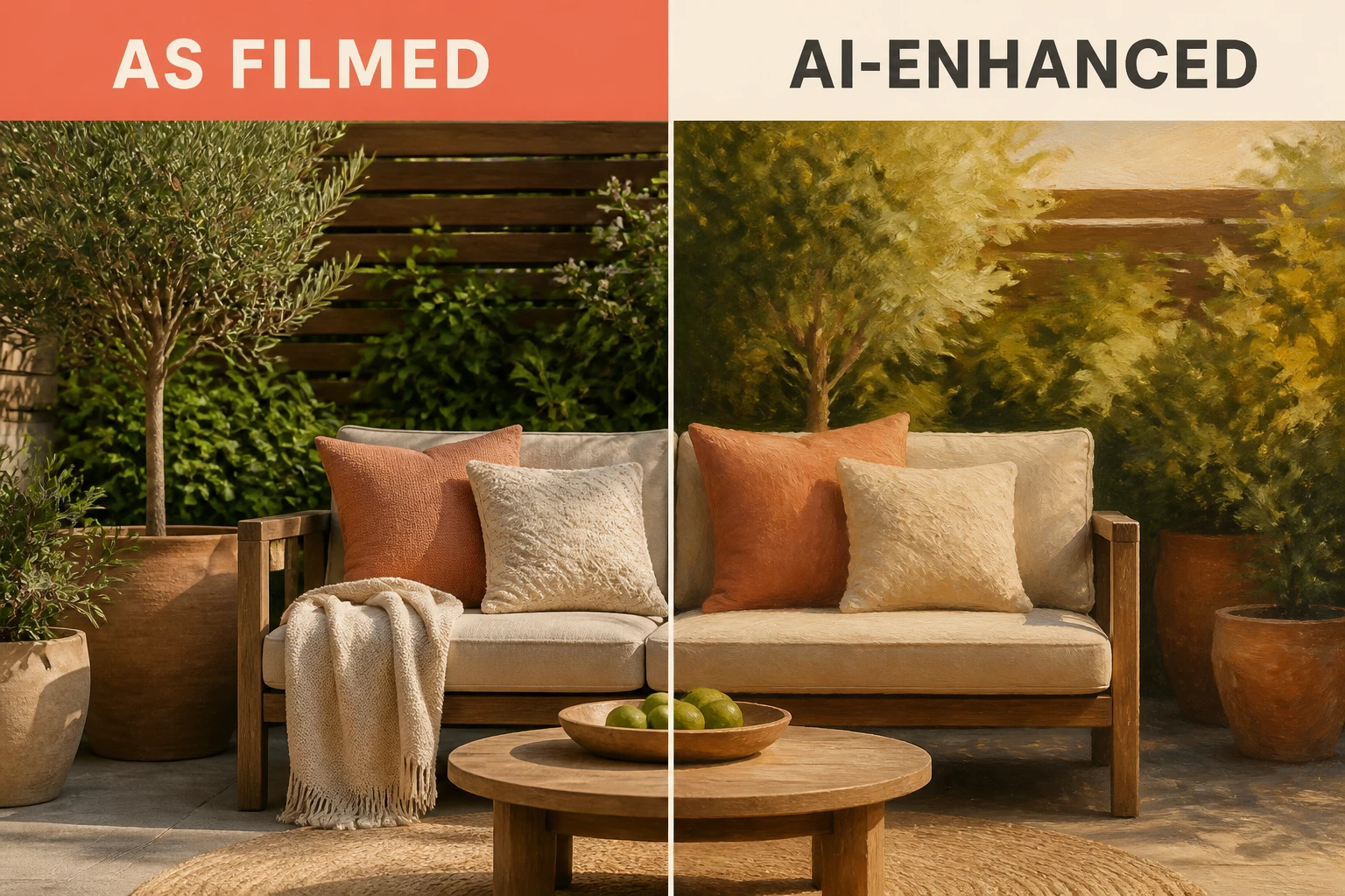 Split-frame comparison of a crisp as-filmed short frame versus the same frame after an AI enhancement pass with an oil-painting smear