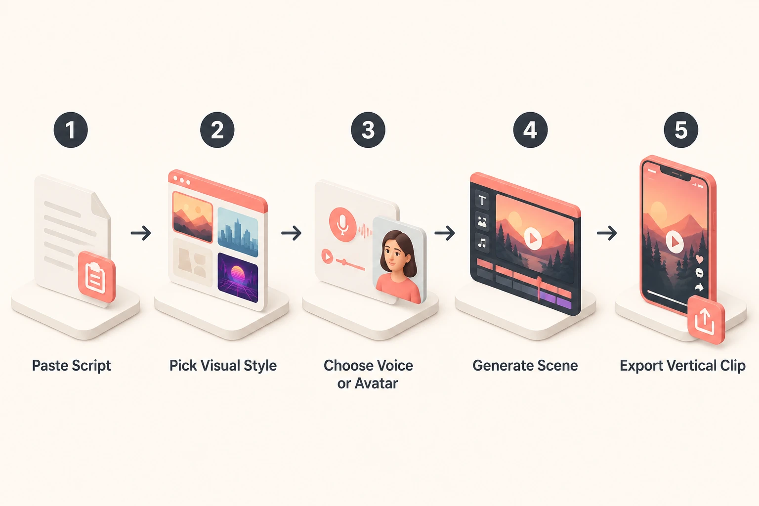 Workflow diagram for generating a styled Short in Lumigen: paste script, pick style, choose voice, generate, export vertical