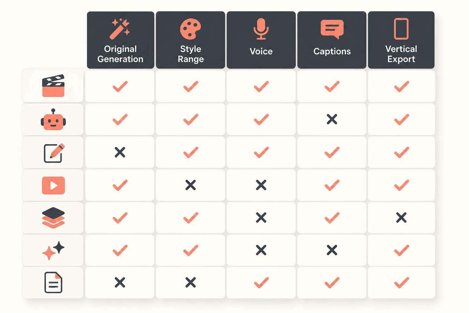 Capability matrix infographic comparing AI video tools across original generation, style range, voice, captions, and vertical export